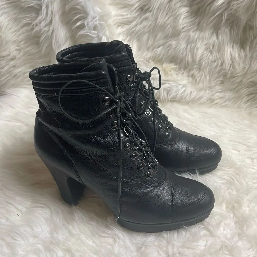 Kenneth Cole leather Black Lace-Up High-Heel Ankle Boots SZ9.5
